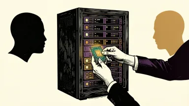 Commvault appoints a new Chief Customer Officer: a pair of hands installs a glowing data module into a large server rack.