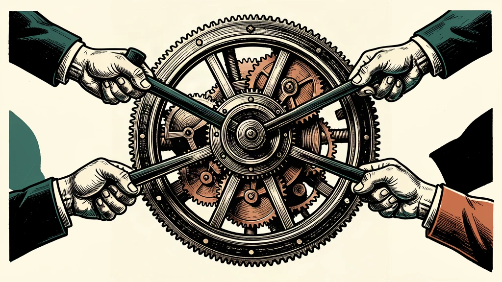 An editorial illustration showing two pairs of hands using levers to slow down a massive gear system.