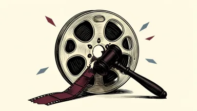 AppLovin facing a securities fraud lawsuit over AI delays: a heavy gavel pins down a severed film strip from a large reel.