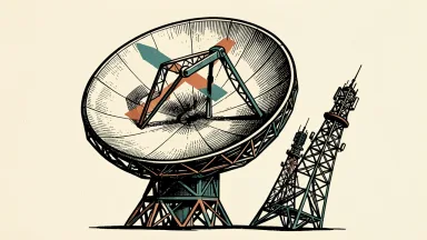 SpaceX spectrum deal pressures telecom stocks: a large satellite dish looms over two tilting telecommunications towers.