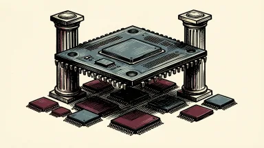 Semiconductor stocks showing divergence: a large computer chip is elevated on two stone-like pillars above a row of smaller chips.