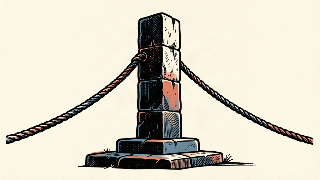 A sturdy stone pillar remains perfectly vertical while a heavy rope pulls against it, illustrating a stable risk-management strategy.