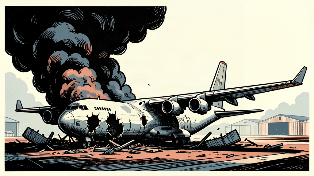 An editorial illustration showing a damaged military aircraft and burning hangars at an airfield, representing reported strikes.