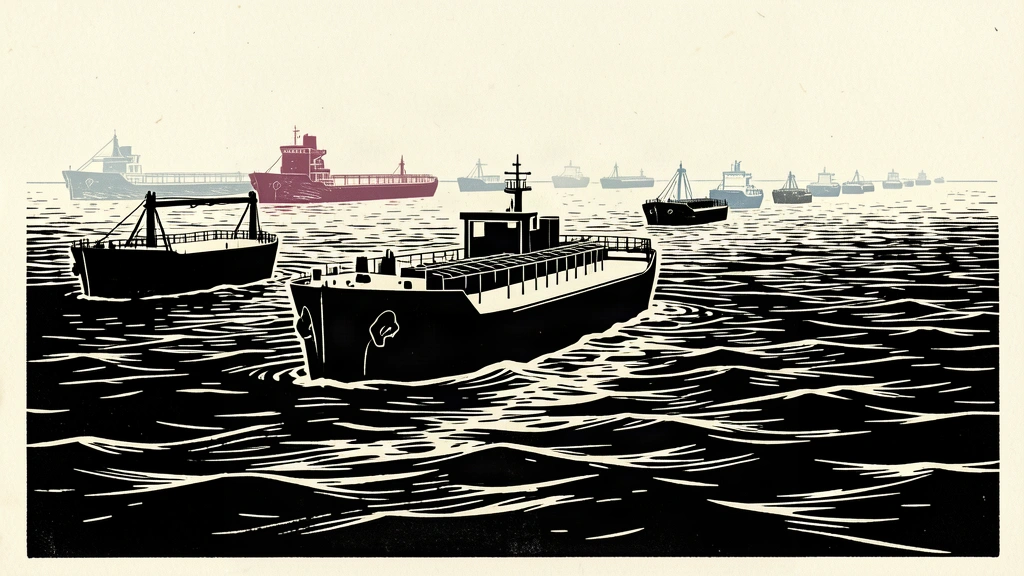 An editorial illustration showing a line of oil tankers on a dark sea, where the distant ships are disappearing into faint outlines to represent a significant reduction in volume.