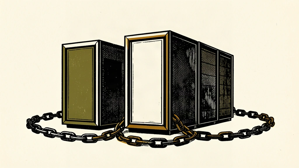 An editorial illustration showing three server racks encircled by a single thick chain, representing a potential pacing agreement between AI labs.