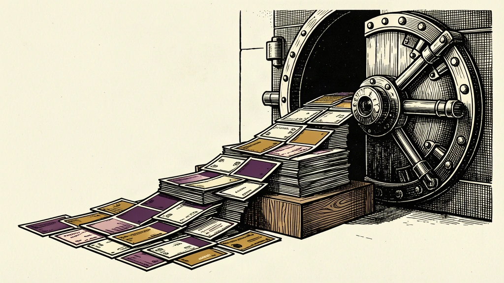 An illustration of a vault door releasing a steady stream of certificates onto a rising stack.