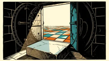 Apollo Global Management expanding daily pricing: a heavy vault door opens to reveal a row of illuminated geometric tiles representing credit assets.