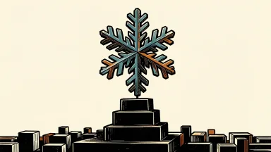 Snowflake stock rises to its highest level since 2021: a large, sharp-edged snowflake crystal is elevated on a high pedestal of stacked blocks.