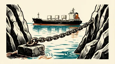 The Strait of Hormuz reopening offer: a heavy iron chain unhooked from a stone pedestal at a narrow sea passage, with an oil tanker waiting in the distance.