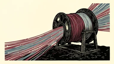 AT&T and Corning fiber supply deal: a large industrial cable spool with glowing fiber optic strands extending into the distance.