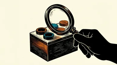 Mattel under pressure for a strategic review: a magnifying glass held by silhouetted hands inspects a large toy building block.
