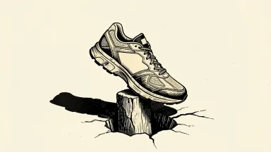Nike stock at a multi-year low: a single athletic sneaker on a stone pedestal that is sinking into a deep crack in the ground.