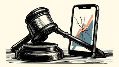 AppLovin facing a securities class action lawsuit: a heavy gavel rests near a smartphone displaying a falling stock price graph.
