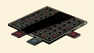 Chip stocks under pressure: a large silicon wafer with etched microchips partially obscured by a heavy shadow as edge pieces slide downward.