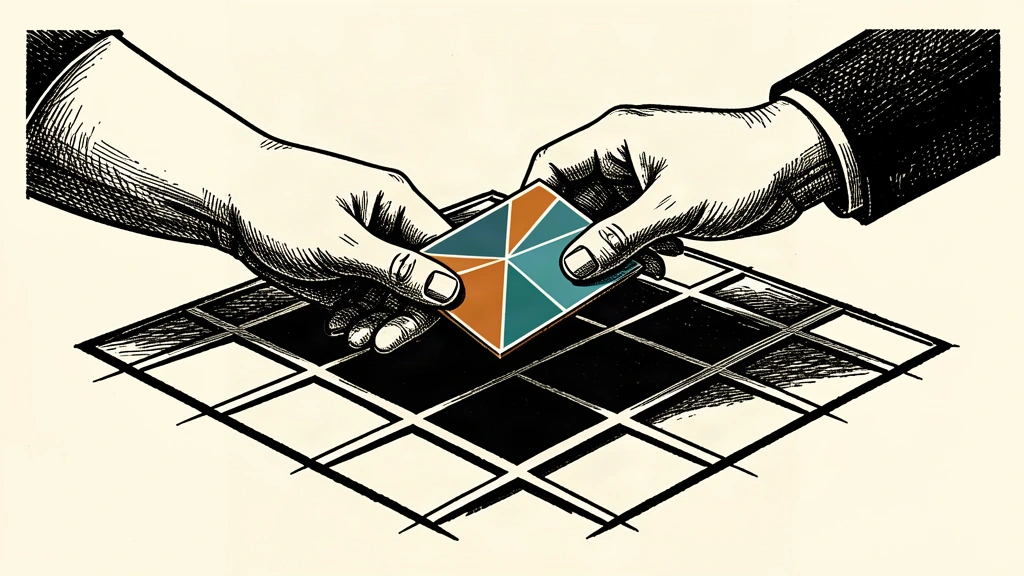 An editorial illustration showing hands cautiously hovering a single glowing tile over a dark gap in a larger structure.