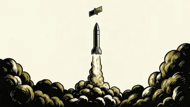 Rocket Lab's Electron mission: a slender single-core rocket ascending on a column of smoke as a satellite separates in the upper frame.