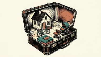 Airbnb expanding its service offerings: a travel suitcase containing a small house, a delivery bike, a stack of laundry, and a baby stroller.
