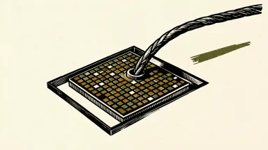 onsemi acquiring Synaptics: a large semiconductor chip being pulled into a matching slot on a circuit board by a heavy cable.