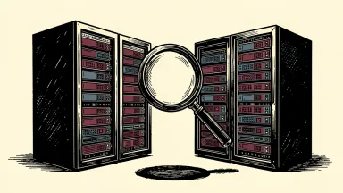 Microsoft and Amazon cloud businesses under EU scrutiny: a giant magnifying glass examines two massive server racks.