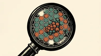 10x Genomics advances cancer research: a microscope lens focuses on a hexagonal spatial map where specific cells are highlighted within a tumor cluster.
