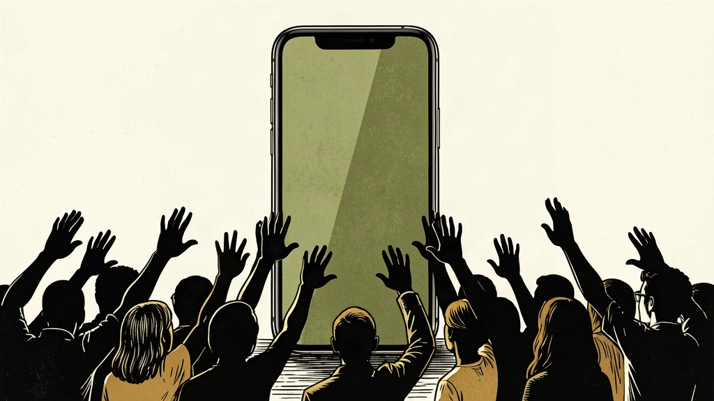 A large, modern smartphone with a thin bezel stands as a monolith while a crowd of silhouettes reaches toward it.