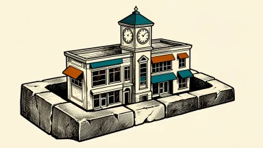 Federal Realty acquires The Summit: a large retail complex with a clock tower is slid into a precise slot in a massive stone block.