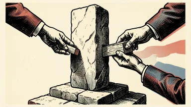 MUFG refocusing on its domestic market: hands remove smaller wooden blocks from a structure to clear space around a central stone pillar.