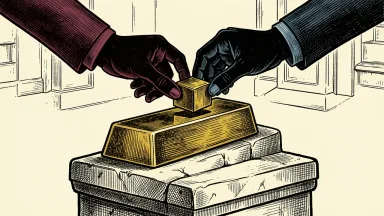 Franco-Nevada CEO Paul Brink appointed Chair of the World Gold Council: a gold bar on a pedestal with a smaller gold cube being placed on top by silhouetted hands.