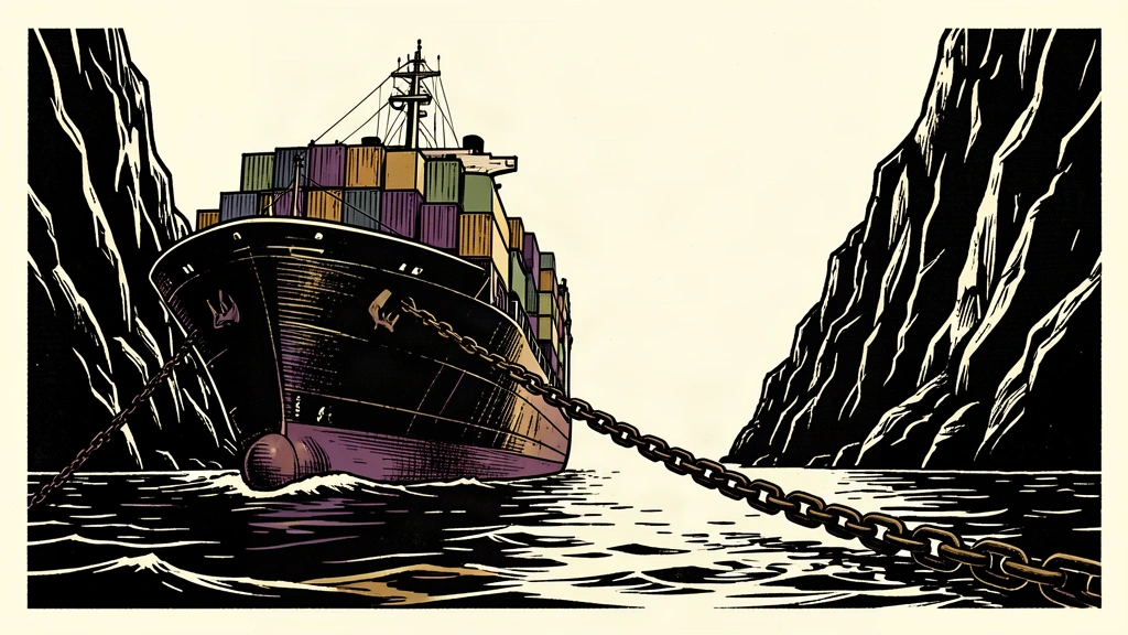An editorial illustration showing a cargo ship approaching a narrow strait blocked by a heavy chain.