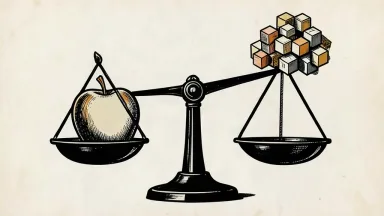 A conceptual illustration of a large apple on a scale being weighed against a group of blocks, representing performance-based compensation.