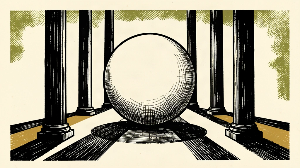 An editorial illustration showing a large ivory sphere contained within a protective circle of black pillars.