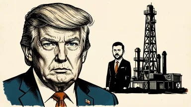Donald Trump criticizes Volodymyr Zelenskyy over refinery strikes: a portrait of Trump beside a silhouette of Zelenskyy and a diesel refinery tower. Identity photo references adapted into illustration: Daniel Torok (Public domain; https://commons.wikimedia.org/wiki/File:Official_Presidential_Portrait_of_President_Donald_J._Trump_(2025).jpg); source https://commons.wikimedia.org/wiki/File:Official_Presidential_Portrait_of_President_Donald_J._Trump_(2025).jpg | President Of Ukraine from Україна (CC0; http://creativecommons.org/publicdomain/zero/1.0/deed.en); source https://commons.wikimedia.org/wiki/File:2025_Volodymyr_Zelenskyy_(cropped).jpg