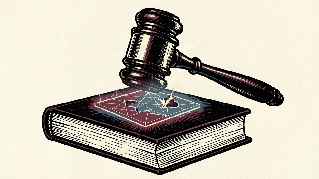 A heavy gavel pins down a glowing, defective geometric tile on top of a law book.