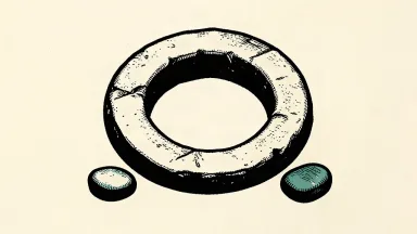 A conceptual linocut of two smooth stones lying outside a large stone boundary ring.