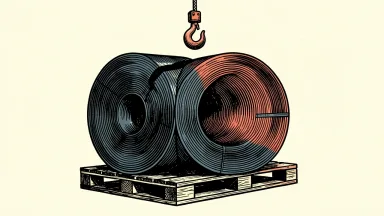 Cleveland-Cliffs revenue report: a large industrial steel coil sits on a wooden pallet beneath a heavy lifting hook.