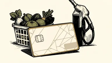 Kroger launches a new rewards credit card: a stylized credit card shown with a grocery basket and a fuel pump nozzle.