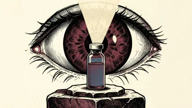 Kodiak Sciences shares surge on Phase 3 trial success: a medical vial stands on a pedestal before a large, detailed eye.