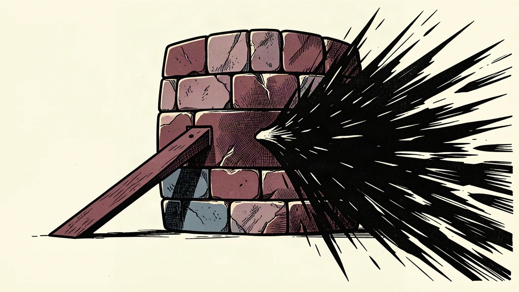 An editorial illustration showing a large shield being braced by a support beam against an encroaching dark mass.