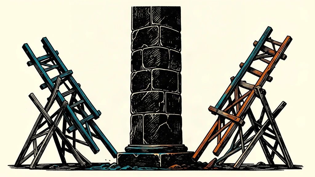 An editorial illustration of a central, immovable stone pillar flanked by two tall wooden structures that are tilting and falling away from it.