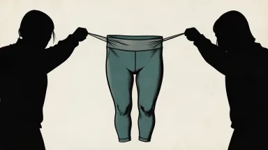 An editorial illustration showing a pair of yoga leggings being pulled from both ends by two silhouettes, representing the division of assets in the Lululemon founder's divorce.