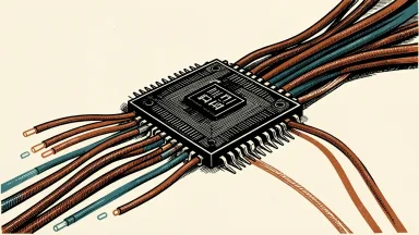 Credo Technology Group AI connectivity solutions: a high-performance semiconductor chip with a bundle of optical and copper cables fanning out across the surface.