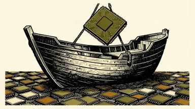 Ark Invest buying Nvidia shares: a large wooden ark on a sea of microchips as a single large Nvidia chip is lifted onto its deck.