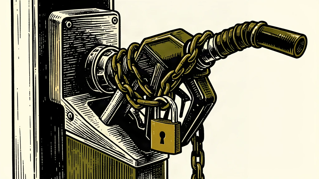 A fuel pump nozzle is securely locked to its cradle with a heavy chain and padlock, representing the rejection of a windfall tax.