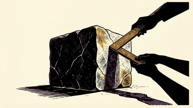 Morgan Stanley coverage resumed with a Hold rating: a heavy stone block being measured by a wooden rod held by silhouetted hands.
