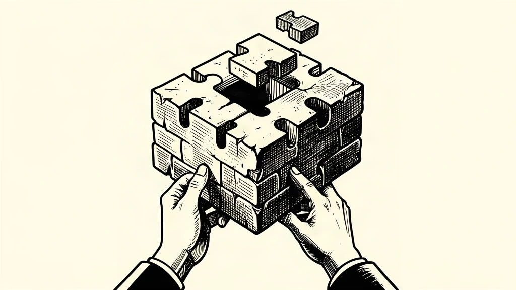 An editorial illustration showing a complex stone puzzle with one piece remaining, held by anonymous hands.