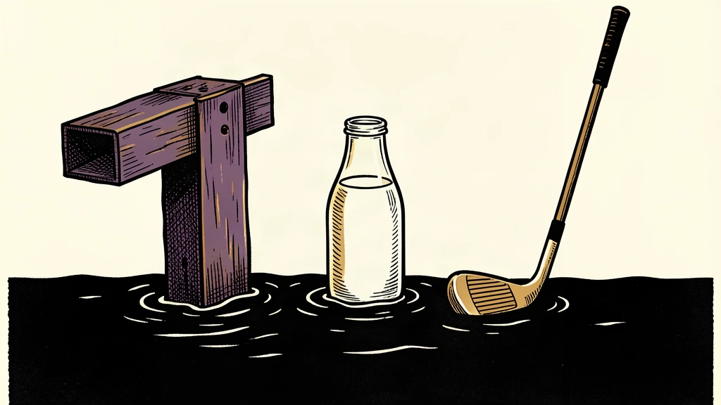 An editorial illustration showing a steel beam, a milk bottle, and a golf club being partially submerged by a rising black horizontal barrier.