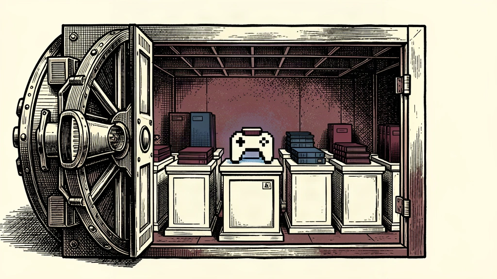 An open vault containing ten pedestals, where three prominent spots are occupied by stylized gaming hardware and a pixelated block.
