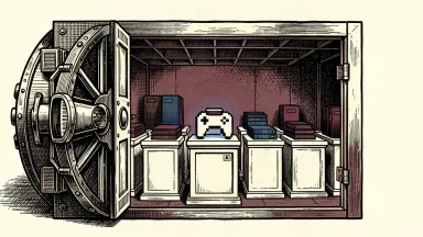 An open vault containing ten pedestals, where three prominent spots are occupied by stylized gaming hardware and a pixelated block.