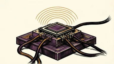 Teradyne Titan HP platform testing an AI chip: a large industrial testing unit with thick cables connected to a single processor emitting heat-shimmer lines.
