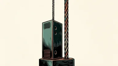 Nasdaq and bond yields rising together: a sleek computer server and a thick industrial cable both ascend vertically in parallel.